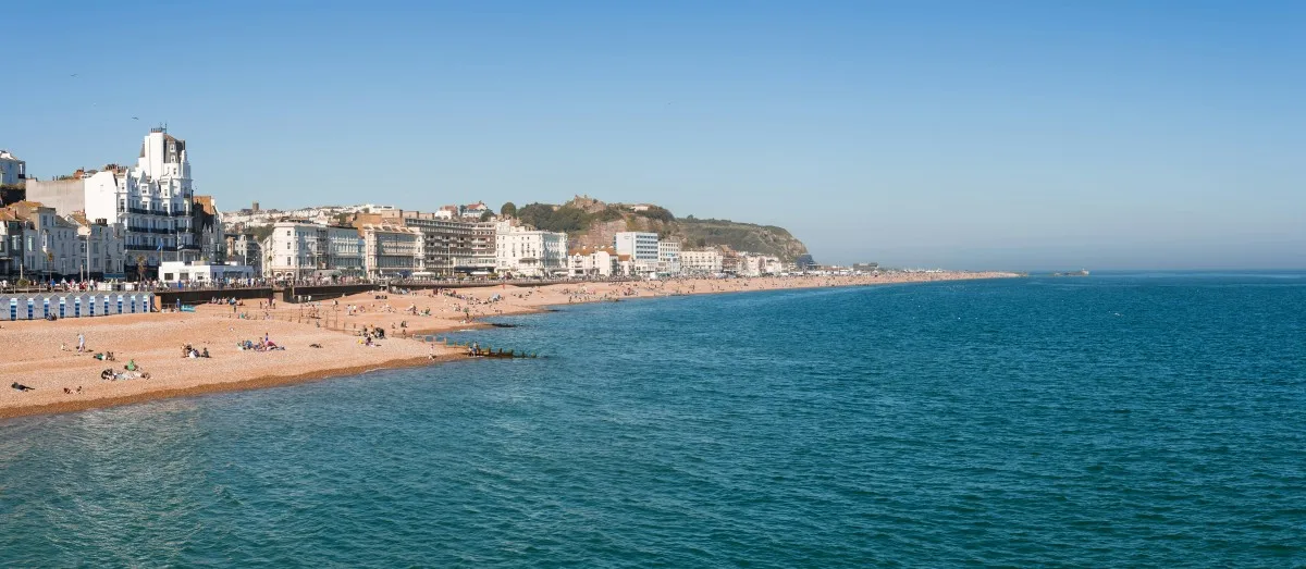 View of Hastings Beach on the Sussex coast in England