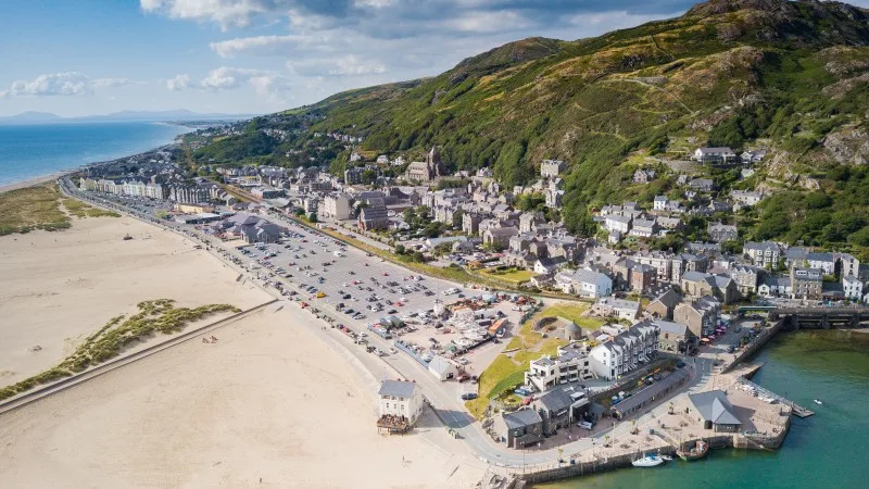 Aerial view of Barmouth town and beach, Snowdonia, Wales