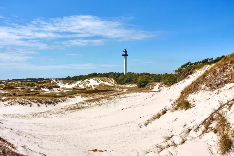 Leuchtturm Dueodde Fyr in den Dünen von Dueodde Strand auf Bornholm.