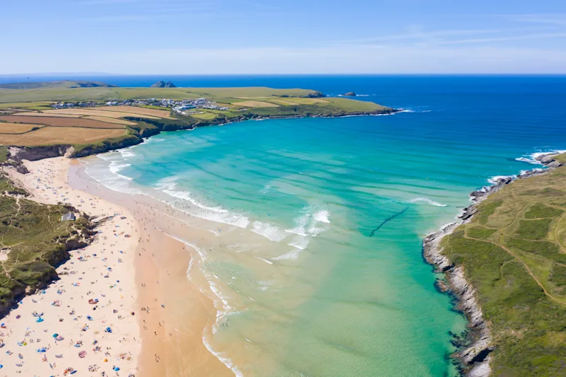 Aerial photograph of Crantock Beach and Pentire Head, Newquay, 