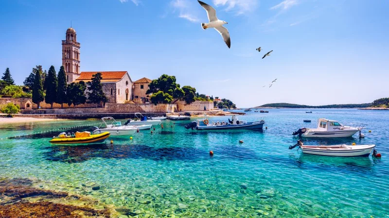 View at amazing archipelago with fishing boats in front of town Hvar, 