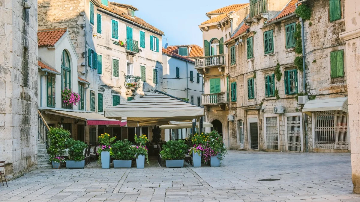 City of Split, Croatia, cafes and shops on an early morning on the Fruit Square in the Diocletians Palace section of Old Town