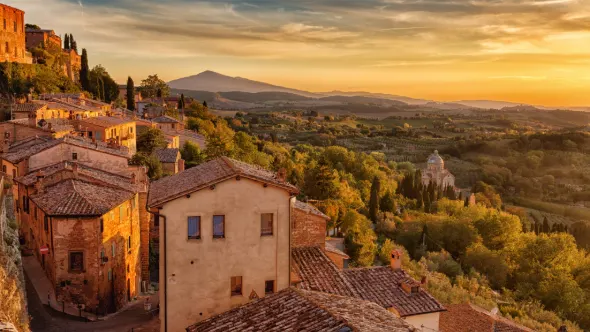 View from the walls of Montepulciano, Tuscany at sunset