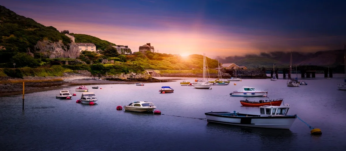 Sunset view of Barmouth Harbour in Gwynedd, Wales