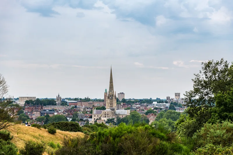 Norwich city centre skyline with Norwich Cathedral, Norfolk, England, UK