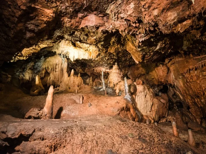 Ancient Stalagmites and Stalactites in Kent Caverns, Torquay, Devon.