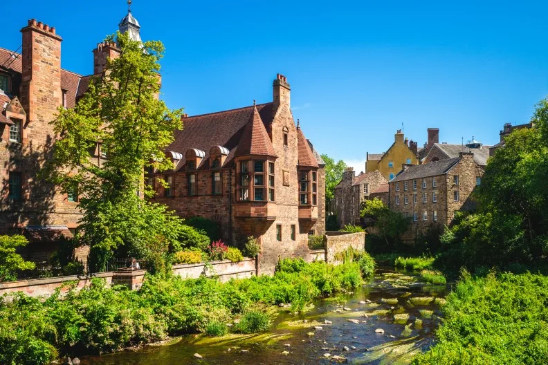 Dean Village, also known as the Water of Leith Village, along the walkway in Edinburgh, Scotland, UK