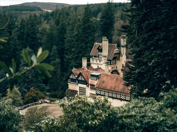 Views of the forest and Cragside house in Northumberland