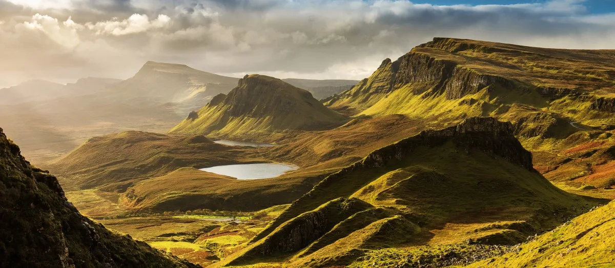 Scenic view of Quiraing mountains in Isle of Skye, Scottish highlands,