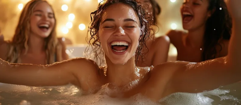 A delightful moment shared by friends in a bubbly hot tub, surrounded by a magical glow, symbolizing happiness, relaxation,