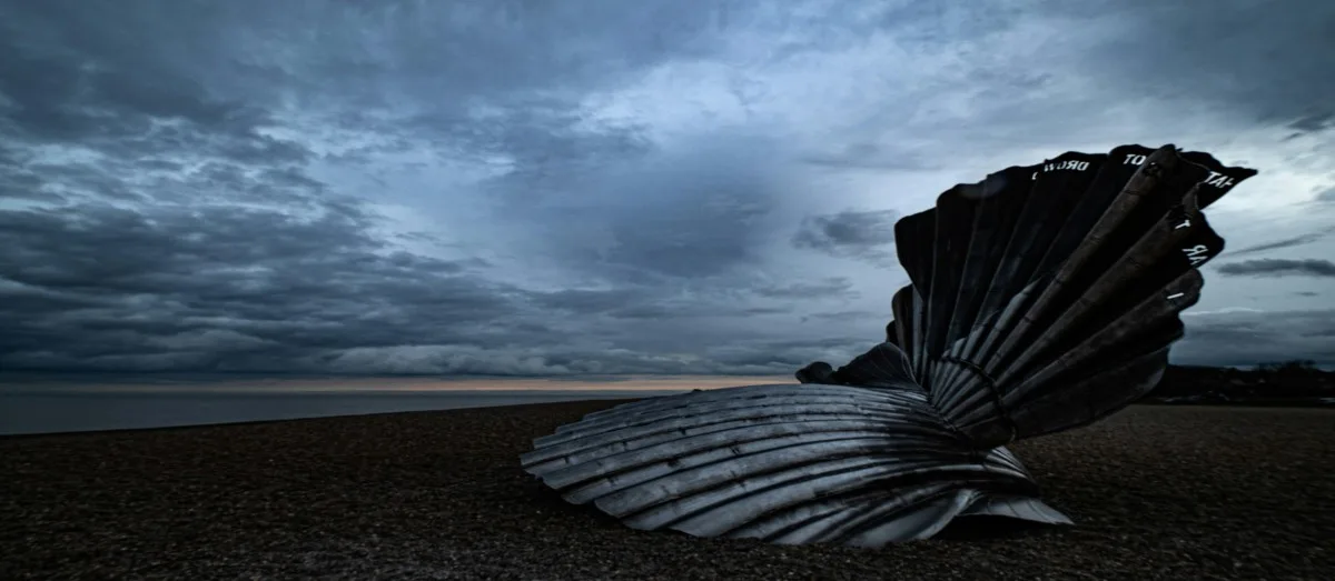 The Scallop sculpture by Maggi Hambling on Aldeburgh Beach, Suffolk, England