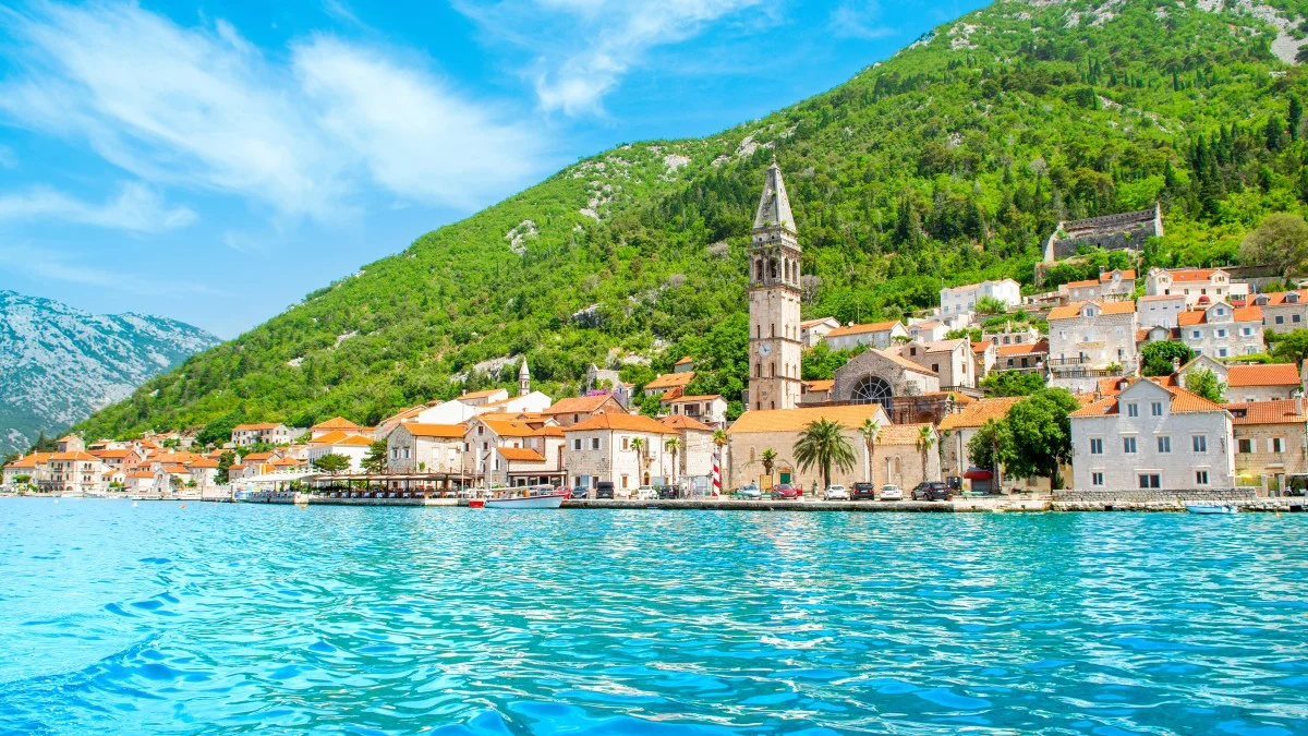 Beautiful summer landscape with the historic town of Perast, Montenegro