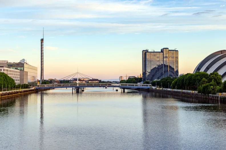 Views across the River Clyde along the Clyde Walkway in Glasgow city centre, Scotland, UK