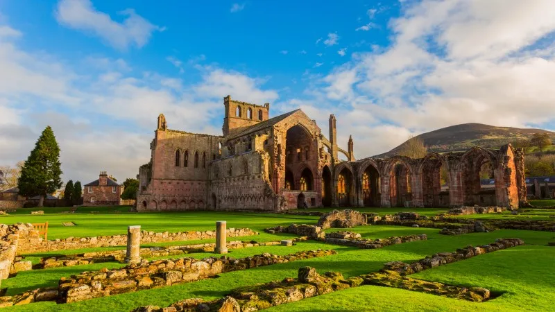 Ruins of Melrose Abbey in the Scottish Borders region in Scotland