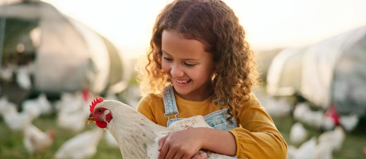 Chicken, smile and girl on a farm learning about agriculture in the countryside