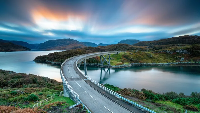 A long exposure of sunrise over Kylesku Bridge