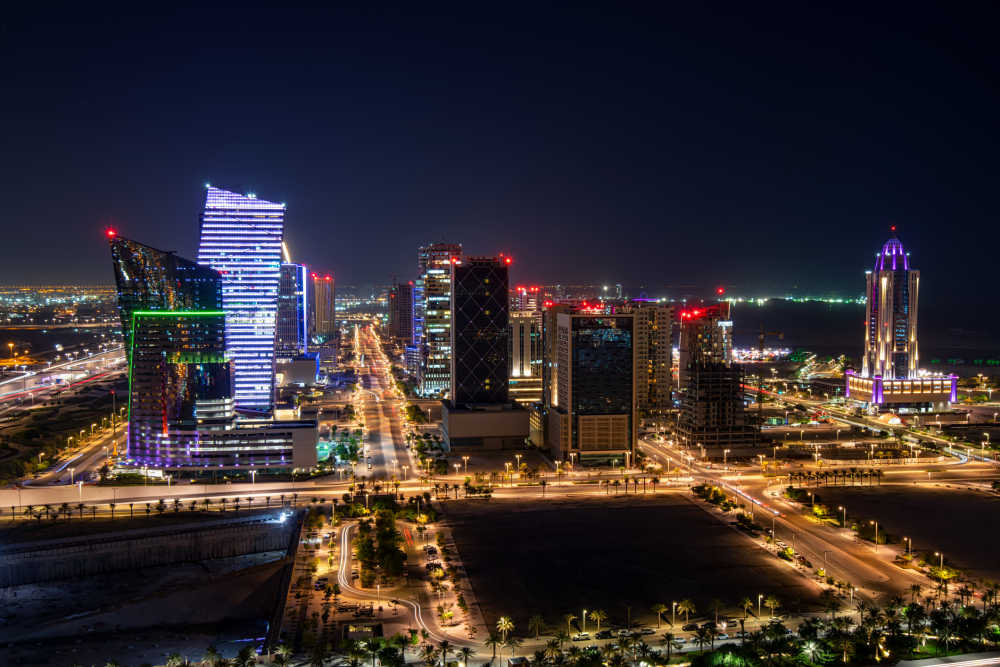 Marina District's skyline at streets shine at night