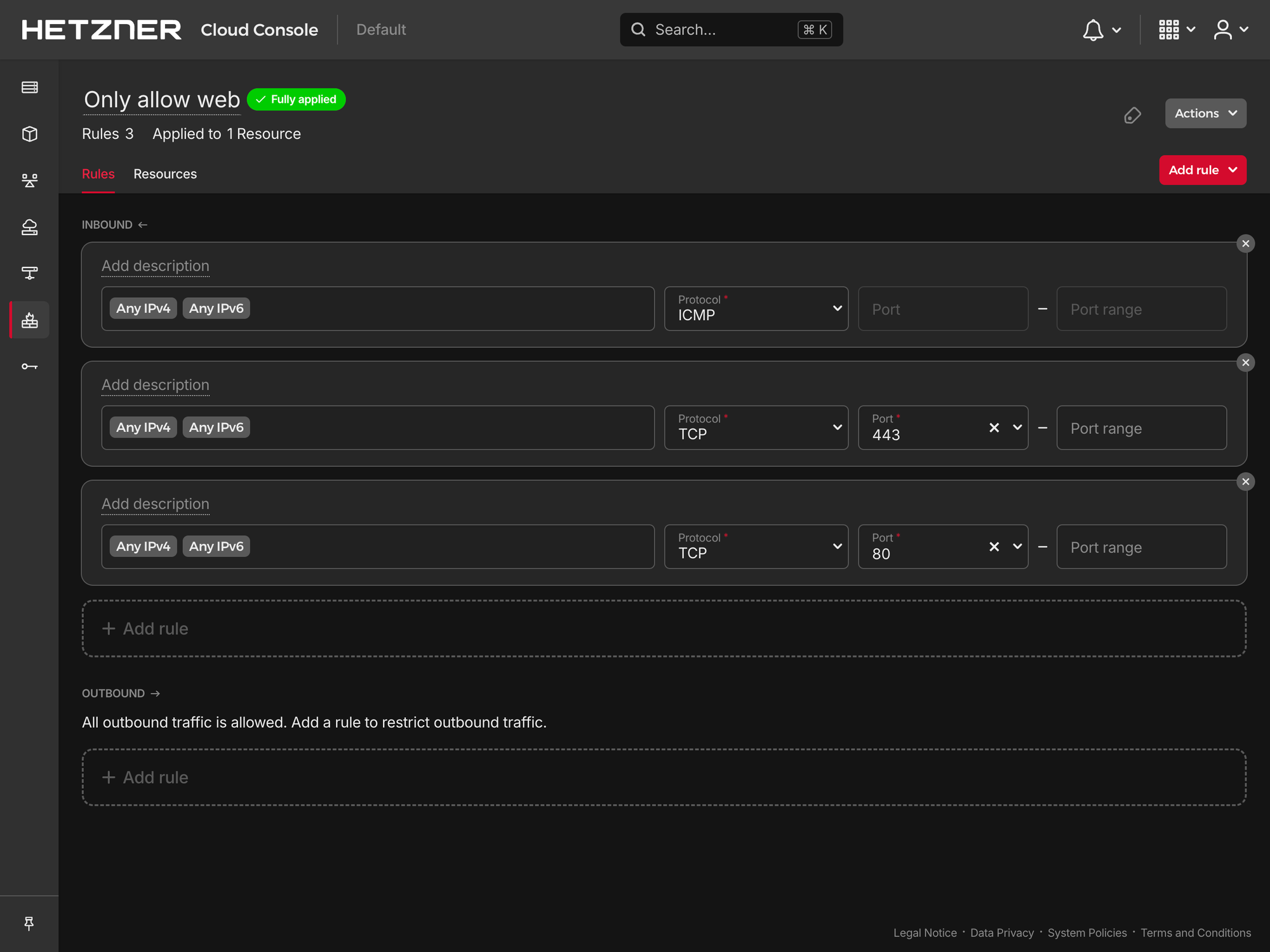 Example firewall configuration on Hetzner that only allows web traffic