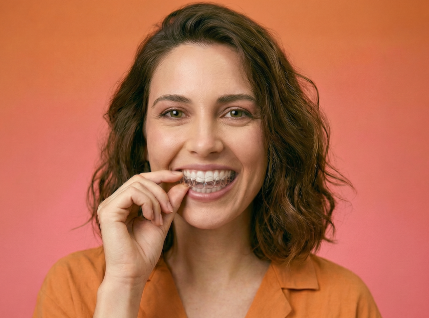 [CRO] Women - Brunette - Left Perfil - Aligner - Zoom - Close up - Smile - Orange - Gradient - Background - Desktop