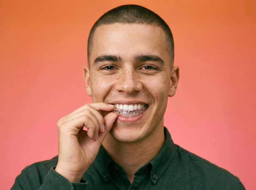 [CRO] Man - eyes closed - side eye - aligners - hand - touching face - white shirt - yellow - background - desktop