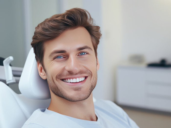 Hombre sonriendo despues de blanqueamiento dental