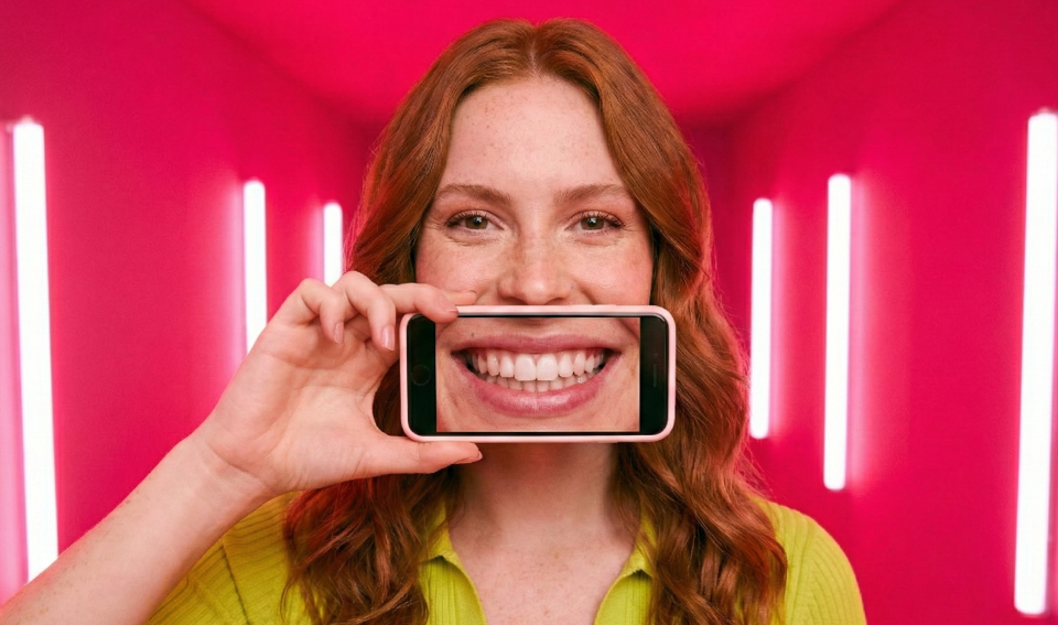 [CRO] Woman - Ginger - Checkered shirt - Freckles - Aligner - Smile - Reflection - Mirror - Pink - Light - Background - Desktop