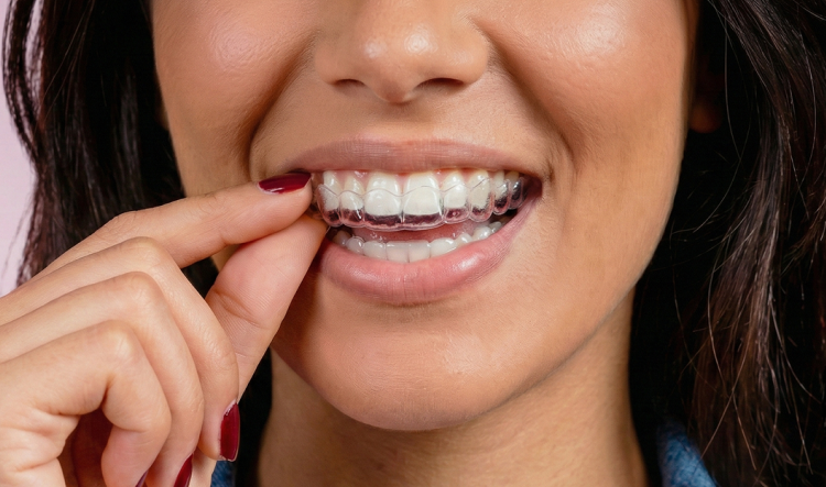 [CRO] Woman - Orange t-shirt - Smile - Aligner in Hand up close - Pink - Lights - Background - Desktop