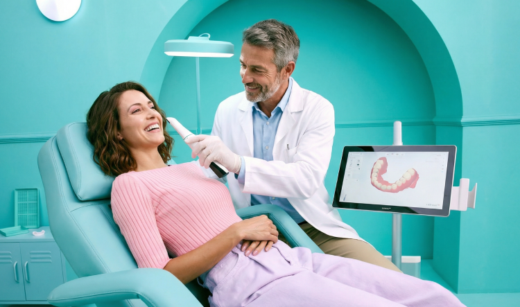 [CRO] Woman - Patient - Man - Dentist - 3D Scan - View - Medical - Background - Mobile