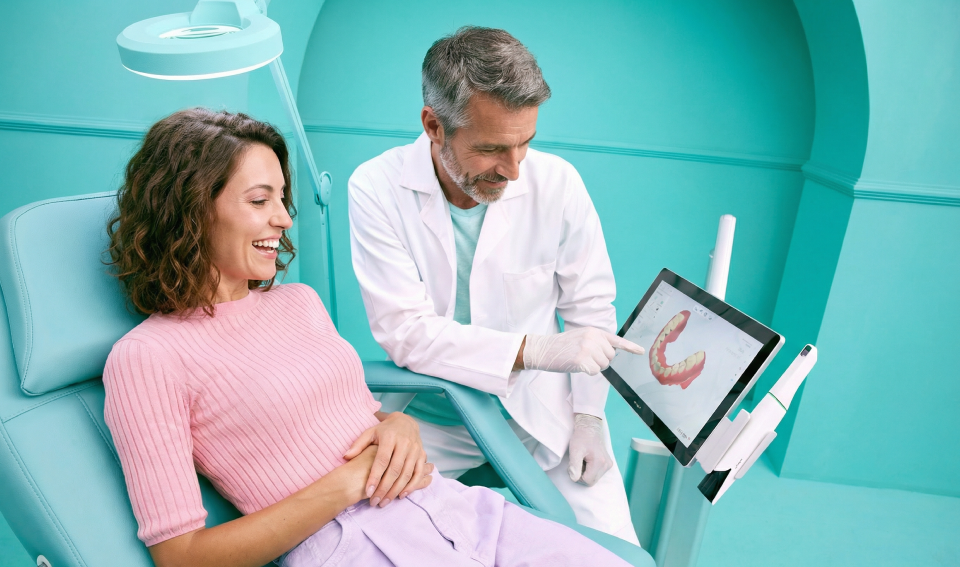 [CRO] Woman - Smile - Looking to the front - Mouth Open - Aligner - Fingers - Brown - Gradient - Background - Lipstick - Desktop