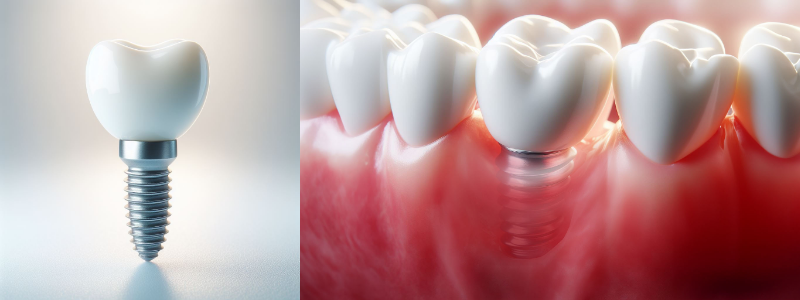 Image de deux dents sur pivot : dent sur pivot hors de la bouche et pivot dentaire installé dans la bouche