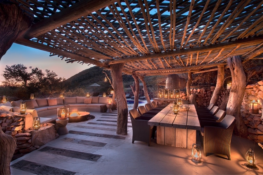 Tswalu Tarkuni Luxury Safari Villa - Outdoor Dining Area with Fire Table & Seating