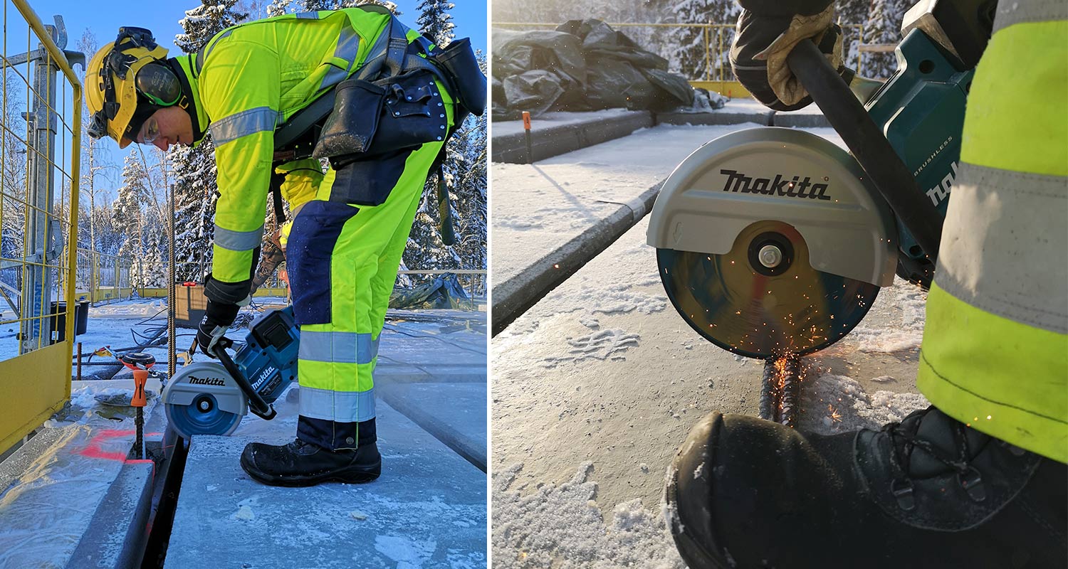 Betonin ja raudan leikkaaminen Makitan DCE090ZX1-mallin laikkaleikkurilla