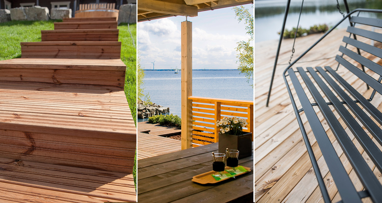 Ruskealla puuöljyllä käsitelty terassi