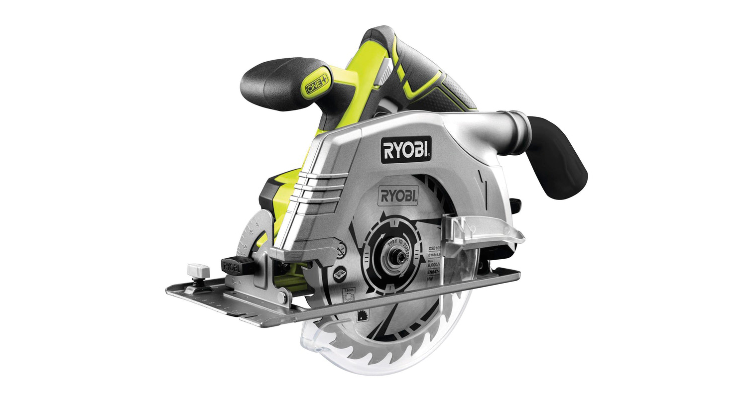 Neonvihreä-harmaa RYOBI pyörösaha, terälevy ja mustaharmaa sivukahva valkoisella taustalla.