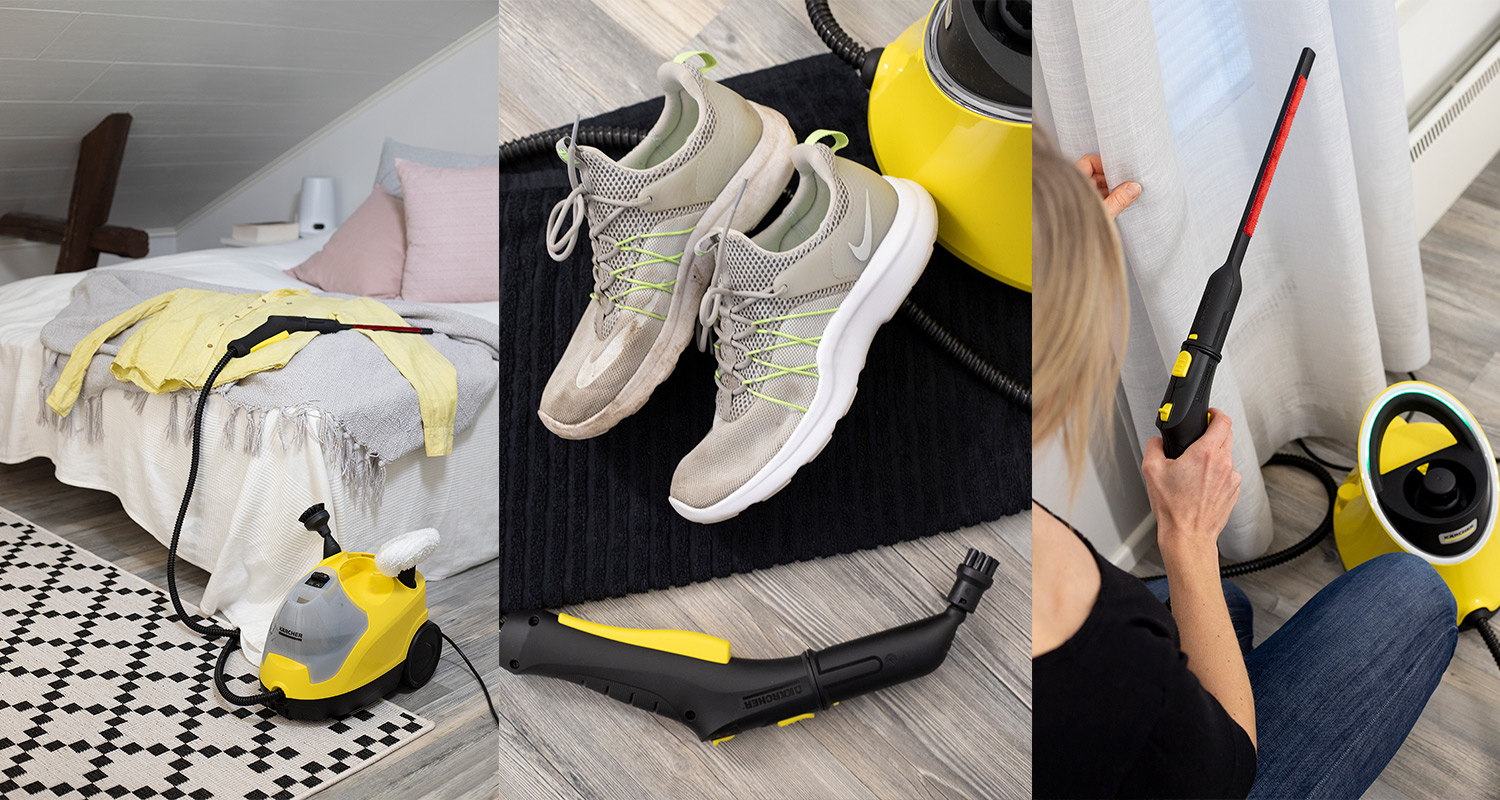 Kärcher höyrypuhdistin silittämässä vaatteita, puhdistamassa kenkiä ja silittämässä verhoja