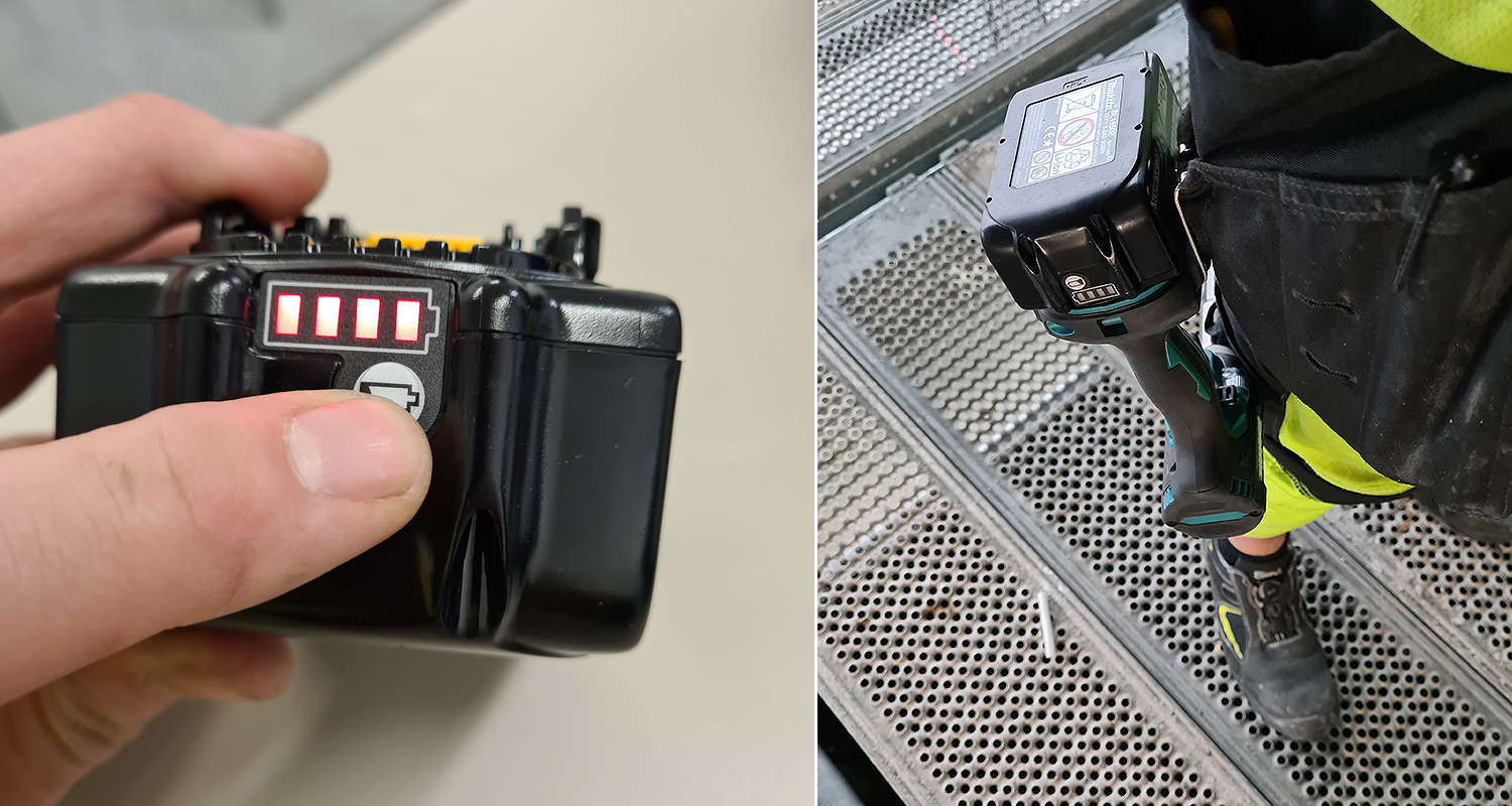 Makitan mutterinvääntimen akku ja kone työhousuissa kiinni