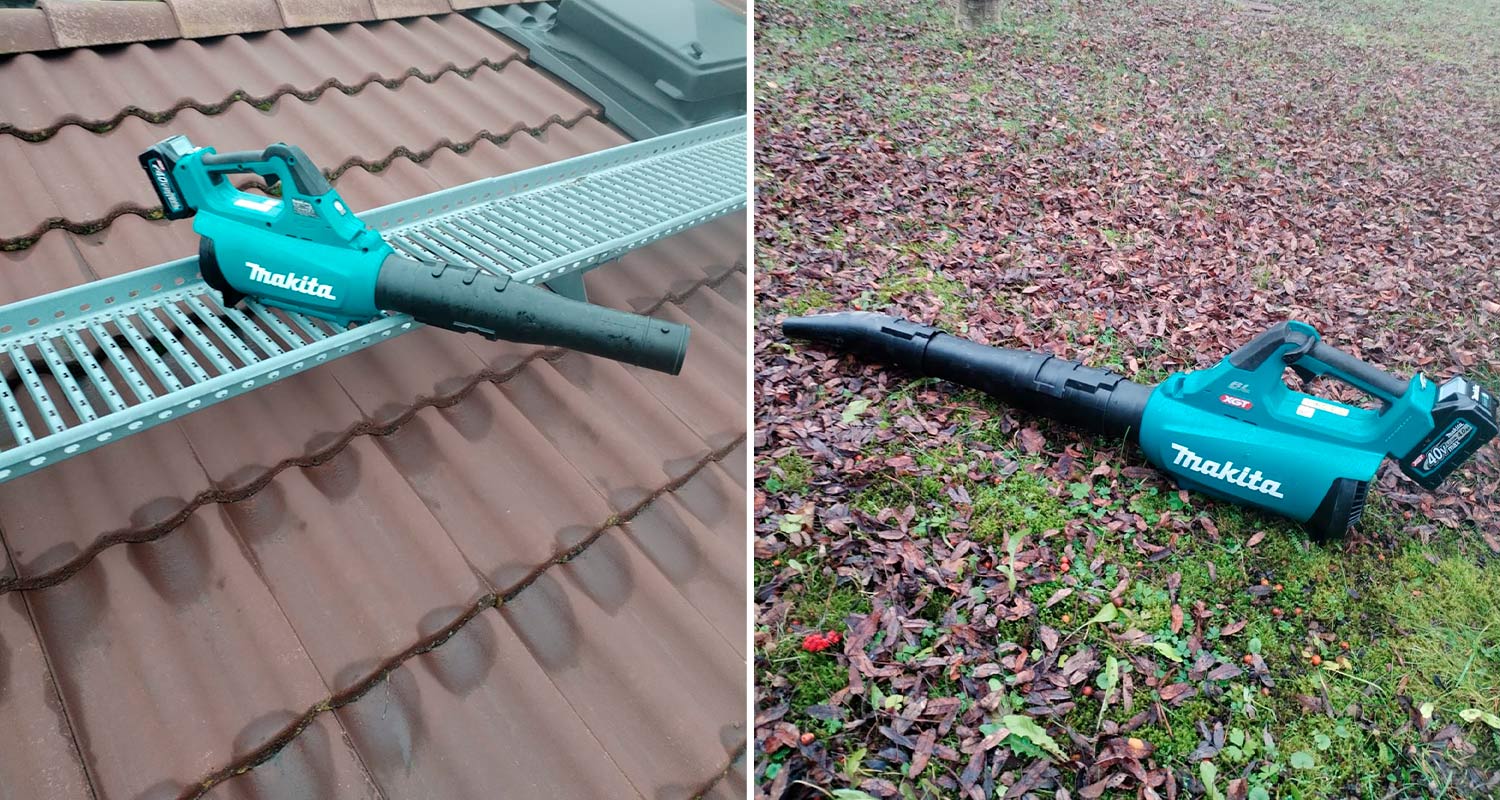 Testissä puhallin Makita UB001GZ 40V XGT hiiliharjaton, puhallin katolla sekä maassa lehtien keskellä. Tuote K-Raudan valikoimista.