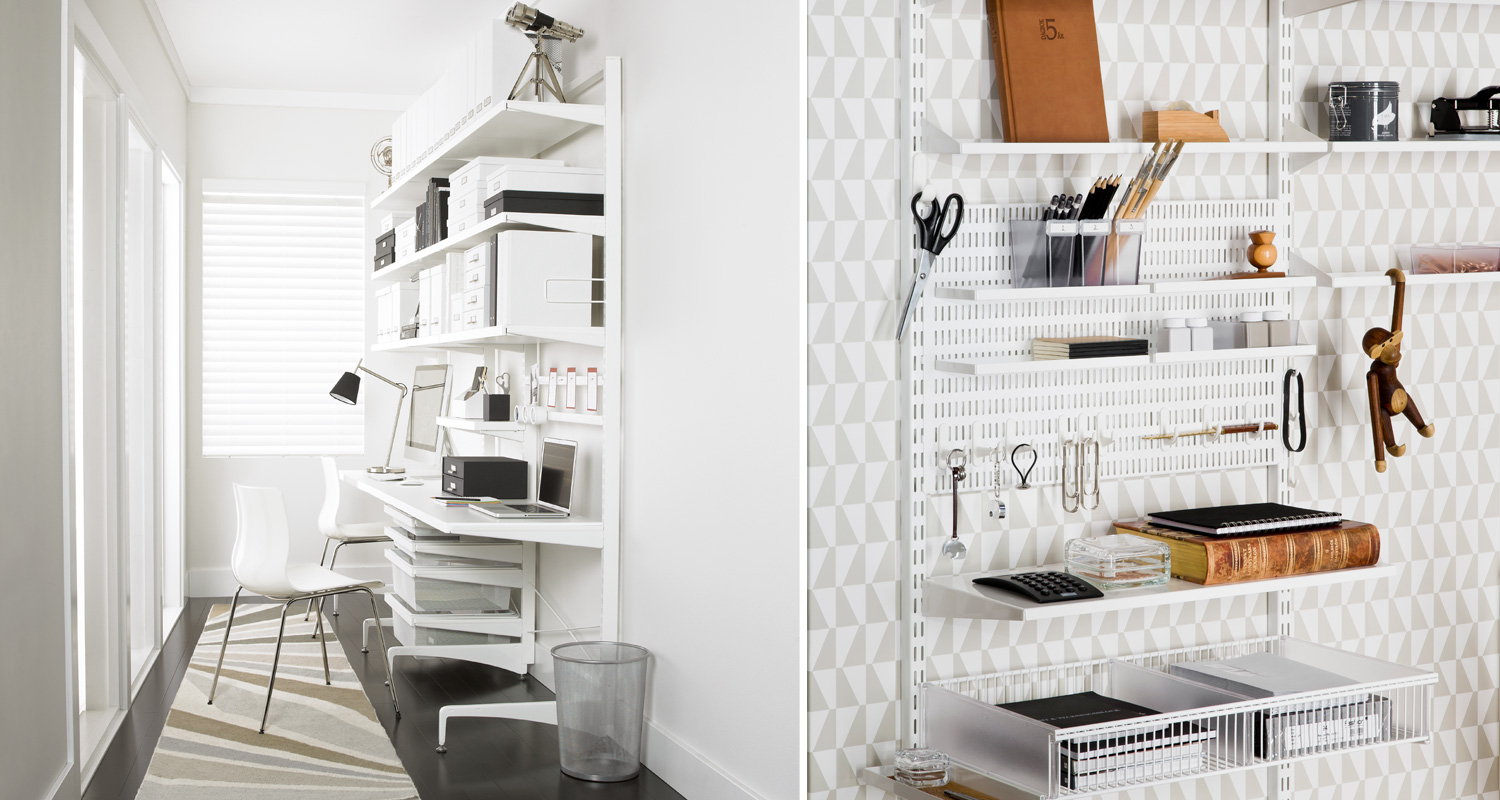 Kapea valkoinen kotityöpiste, hyllyt laatikoineen, musta lamppu, kaksi tuolia, geometrinen tapetti.