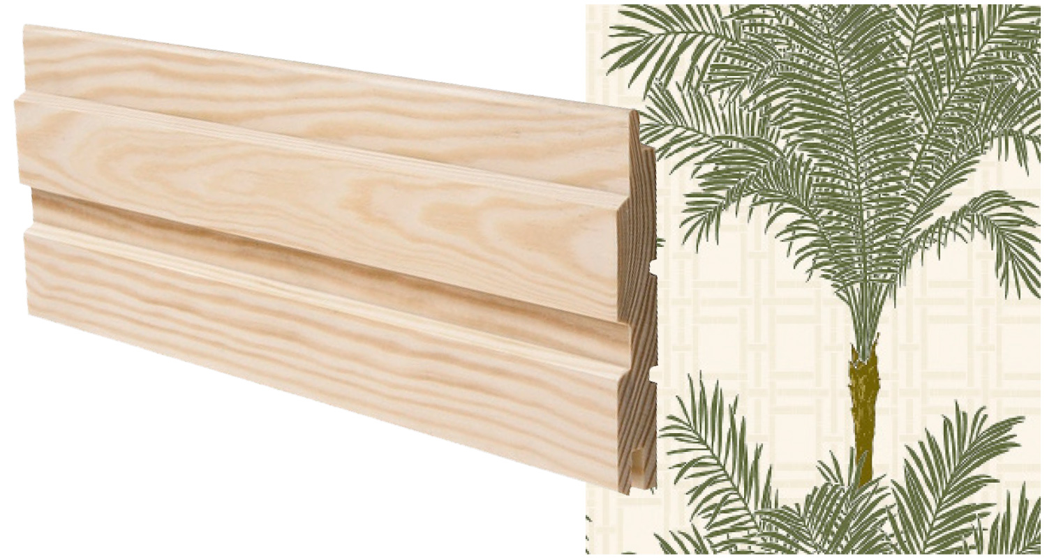 Vaalea puuvalmis valeurallinen sisustuspaneeli ja Boråstapeterin The Apartment -malliston palmunlehväkuvioinen Copacabana-tapetti K-Raudasta. 