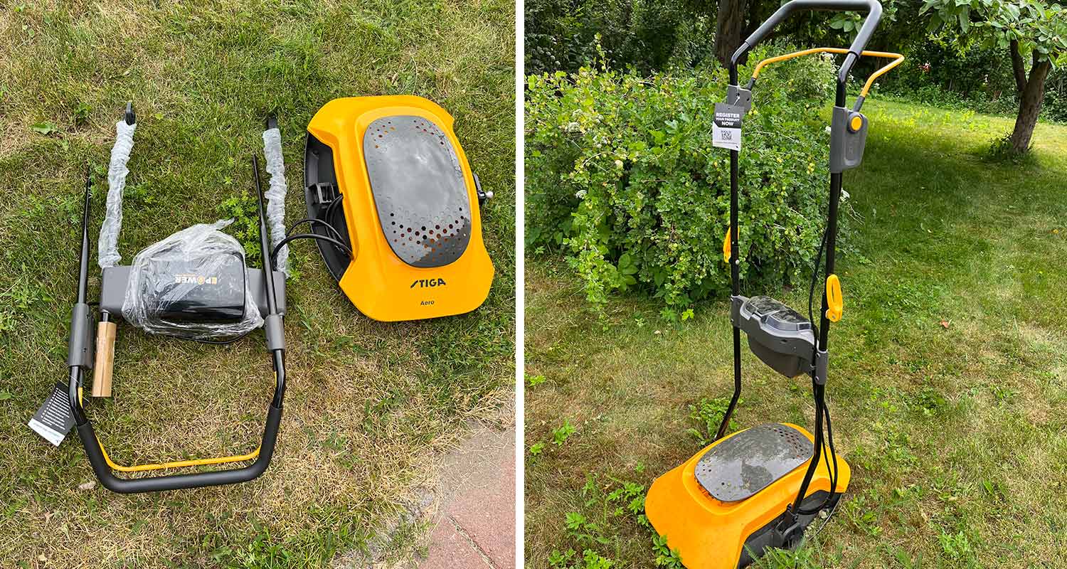 Tuotetestin tulos kuluttajalta Stiga Aero leijuvasta ruohonleikkurista, leikkuri kokoamattomana ja koottuna pihamaalla
