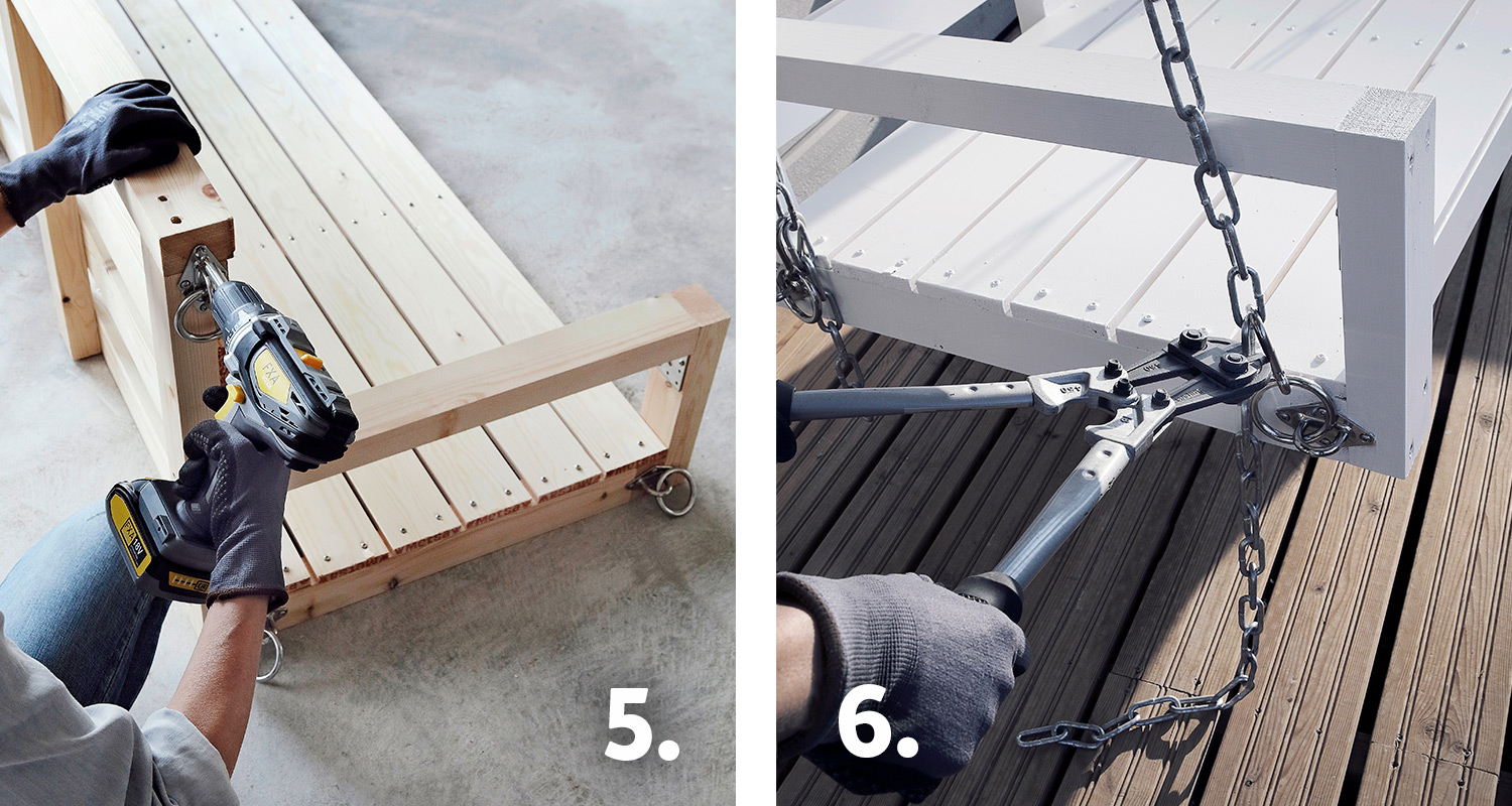 Riippukeinun rakentaminen sekä työvaiheet 5-6. Kuvassa mies ruuvaa rengaslevyt ja kiinnittää riippukeinun.