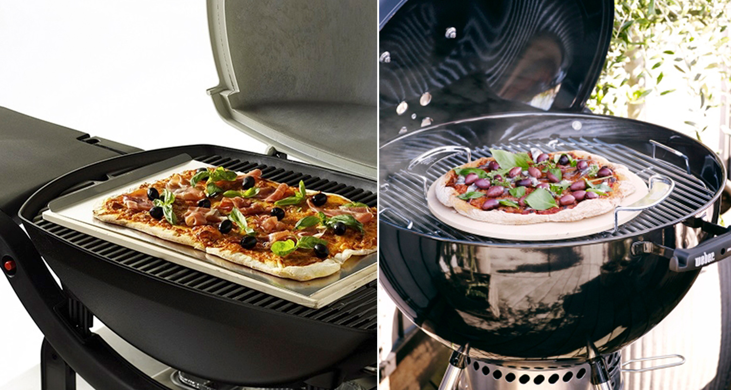 Pizzat grillissä Weberin suorakaiteen mallisen ja pyöreän pizzakiven päällä