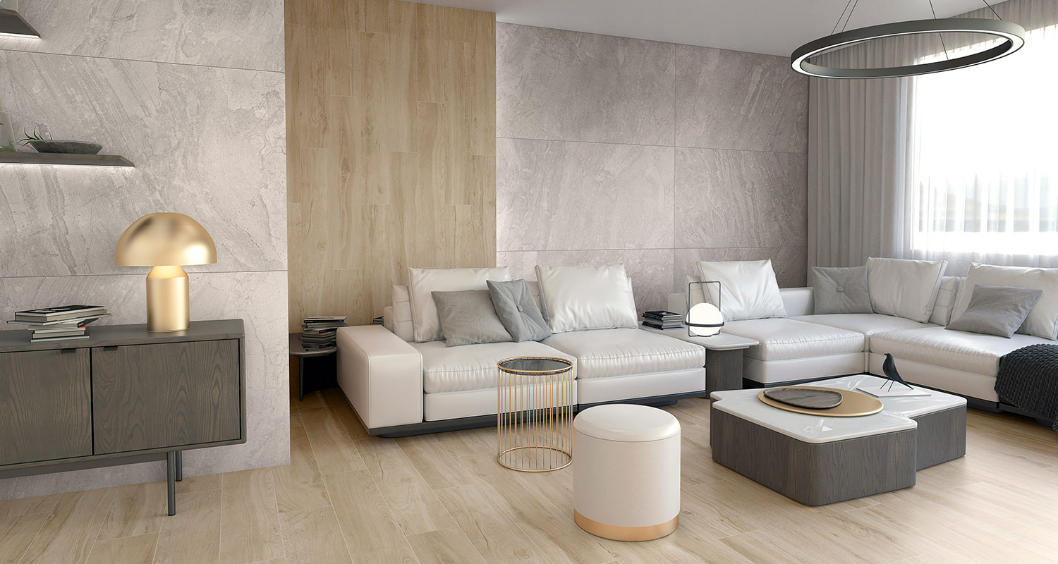 Luonnolliset värisävyt ja materiaalit olohuoneen pinnoissa