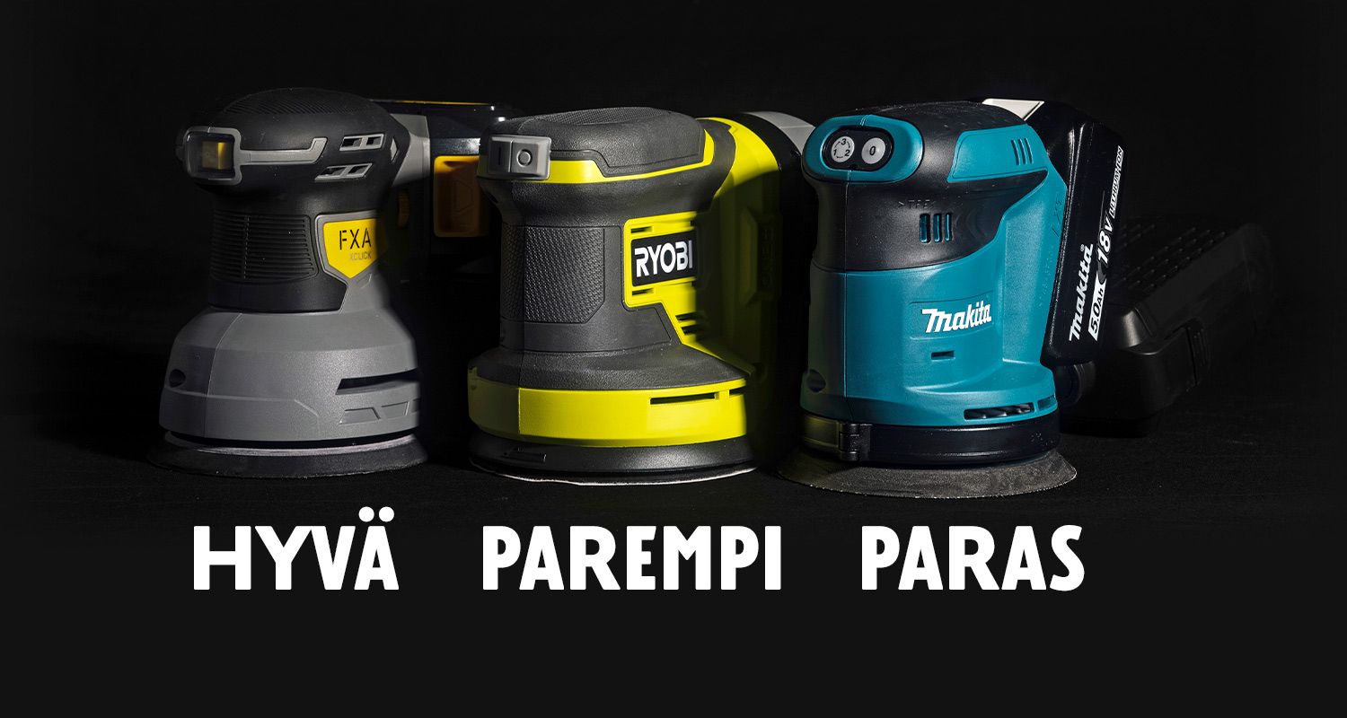 FXA XCLICK 18V -akkuepäkeskohiomakone, Ryobi RROS18-0 18V ONE+ -akkuepäkeskohiomakone sekä Makita DBO180Z 18V -akkuepäkeskohiomakone mustalla taustalla.