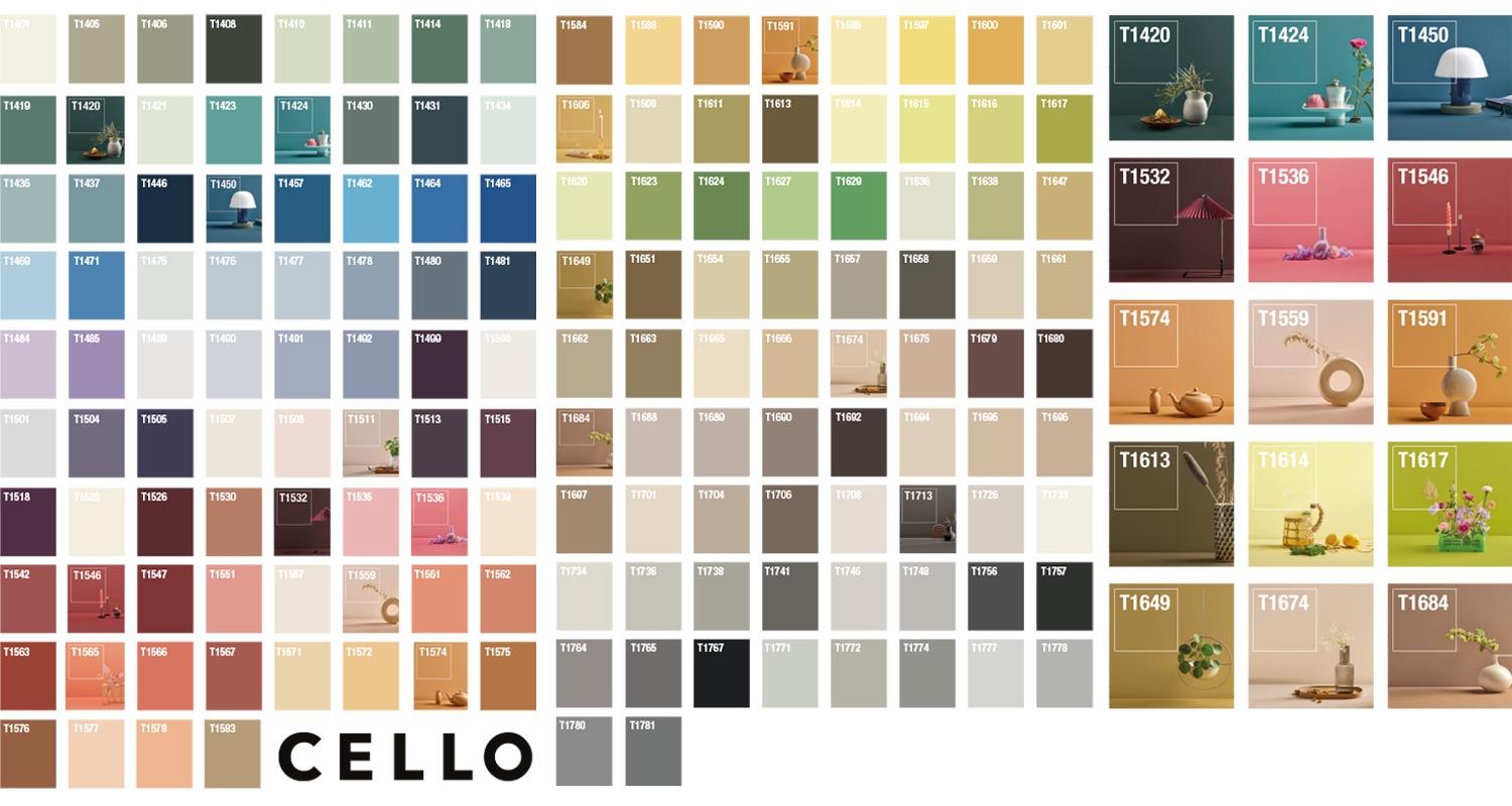 Susanna Björklundin valitsemat maalisävyt Cellolle. Sävytettävissä Cello-sisämaaleihin K-Raudassa. 