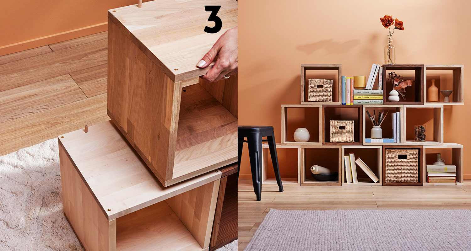 Kirjahyllyn teon 3. vaihe ja kirjahylly valmiina.