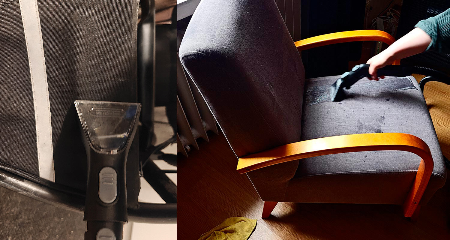Lastenrattaiden sekä nojatuolin puhdistus Kärcher SE 3 Compact tekstiilipesurilla.