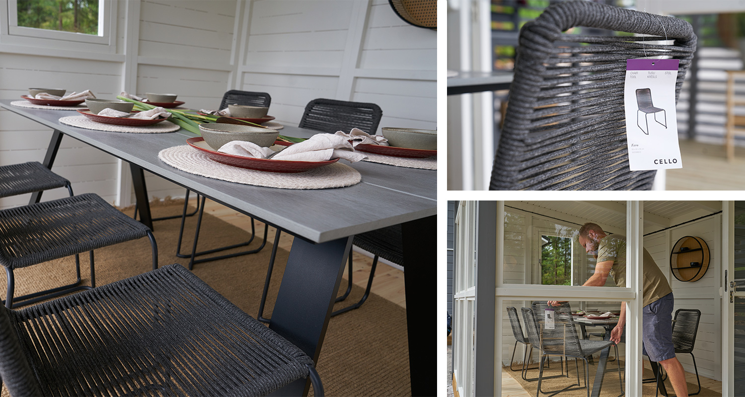 Mökin kesäkeittiö sisustettu K-Raudan ruokaryhmällä ja terassikalusteilla.