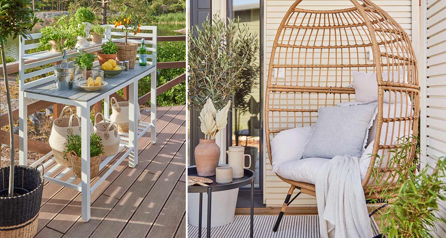 Tyylikkäitä puutarhakalusteita K-Raudasta, apupöytä terassilla sekä houkutteleva pesämäinen lepotuoli 