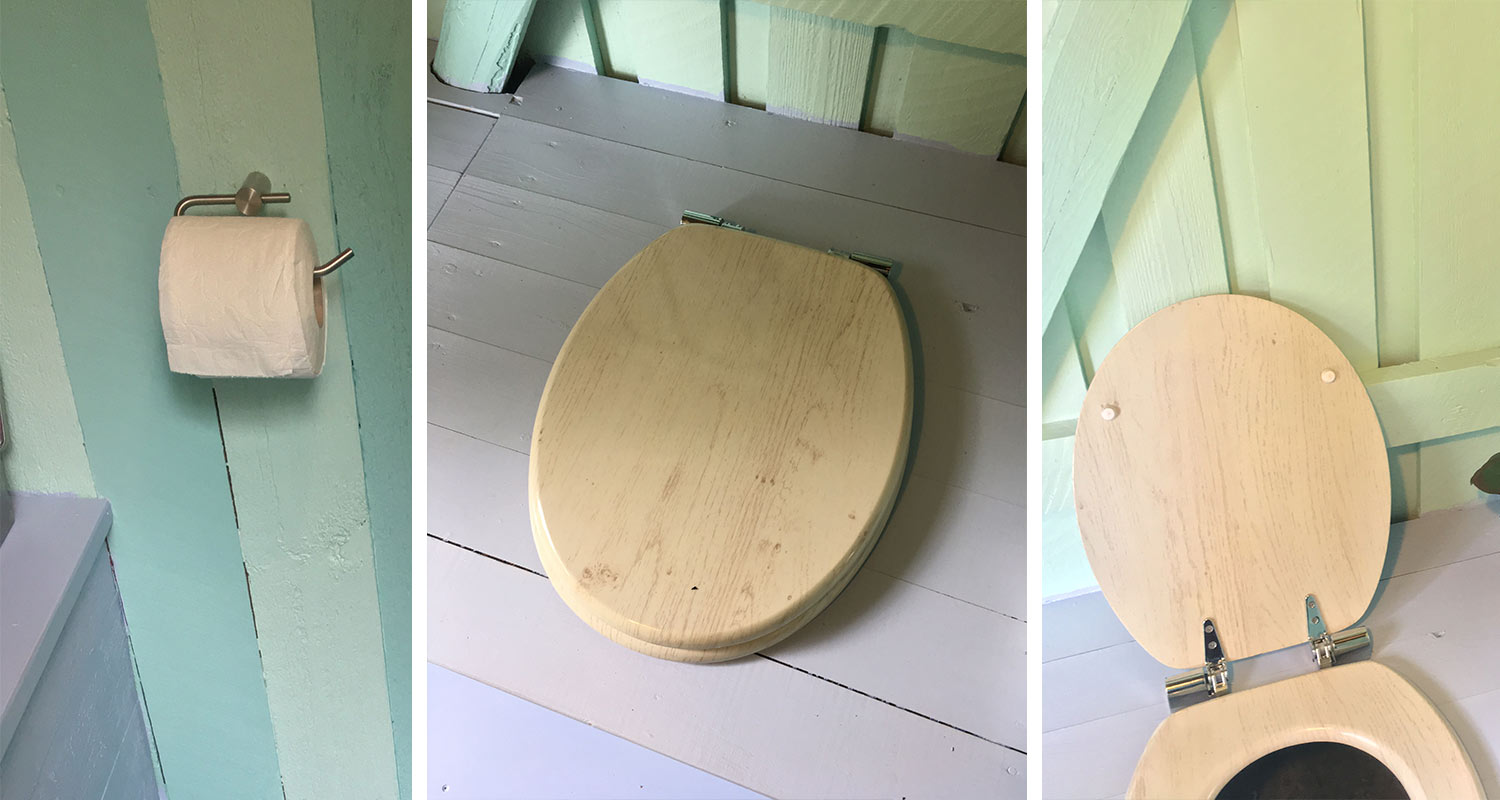 Mintunvihreä puuseinä, vessapaperiteline, vaalea puukansi ja avoin istuin.